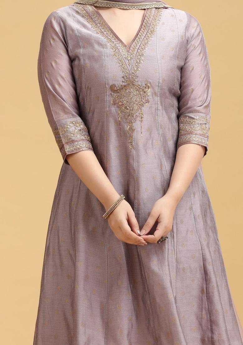 Purple Woven Design Silk Blend Kurta Sets - Indya
