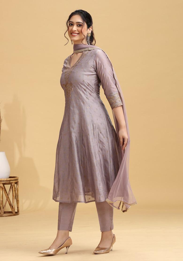 Purple Woven Design Silk Blend Kurta Sets - Indya