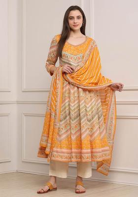 Yellow Printed Cotton Anarkli Sets