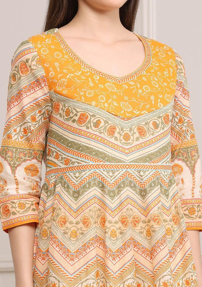 Yellow Printed Cotton Anarkli Sets - Indya