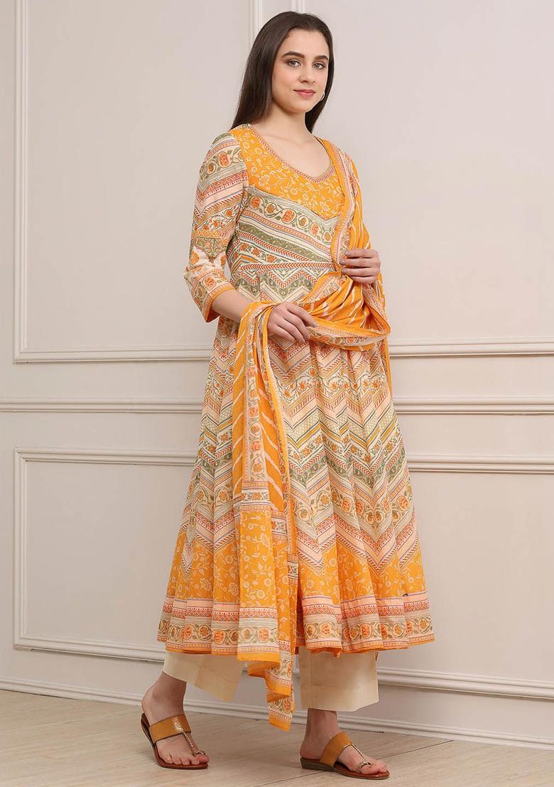 Yellow Printed Cotton Anarkli Sets - Indya