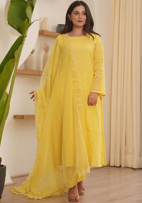 Yellow Self Design Cotton Kurta Sets