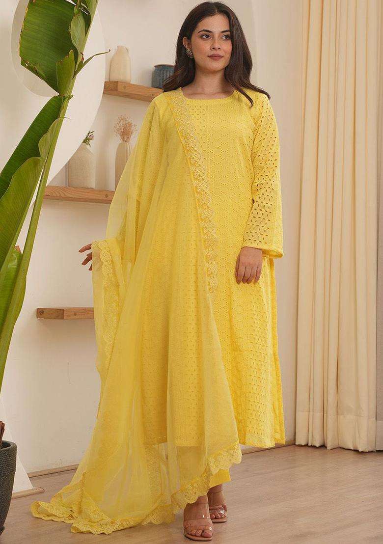 Yellow Self Design Cotton Kurta Sets - Indya