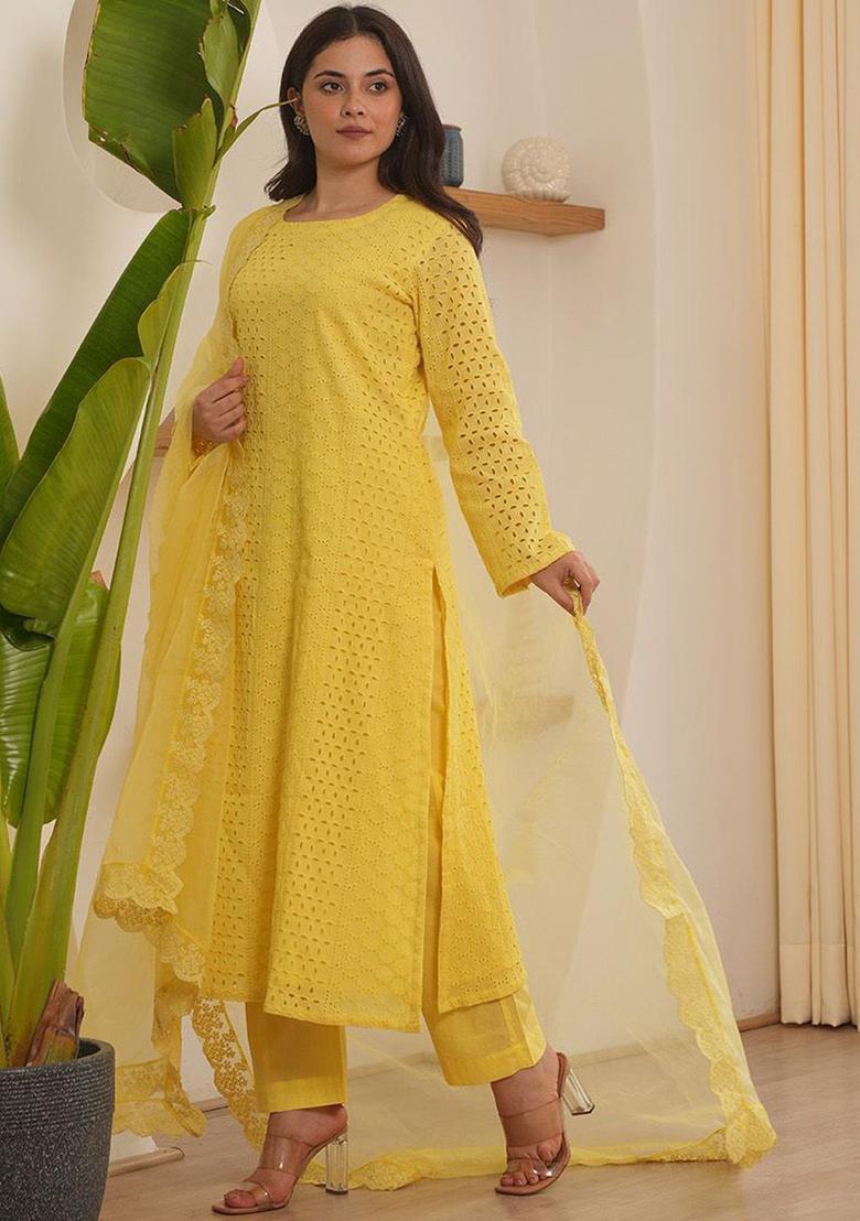 Yellow Self Design Cotton Kurta Sets - Indya