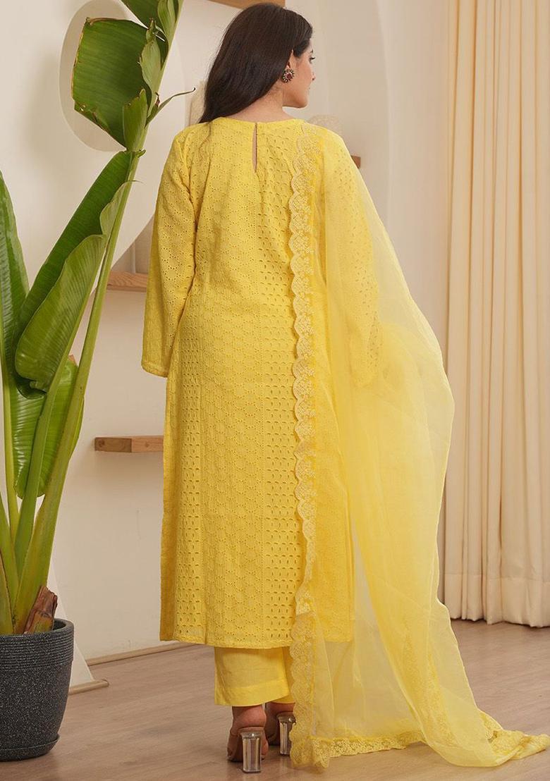 Yellow Self Design Cotton Kurta Sets - Indya