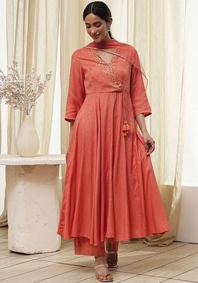 Peach Embroidered Cotton Kurta Sets