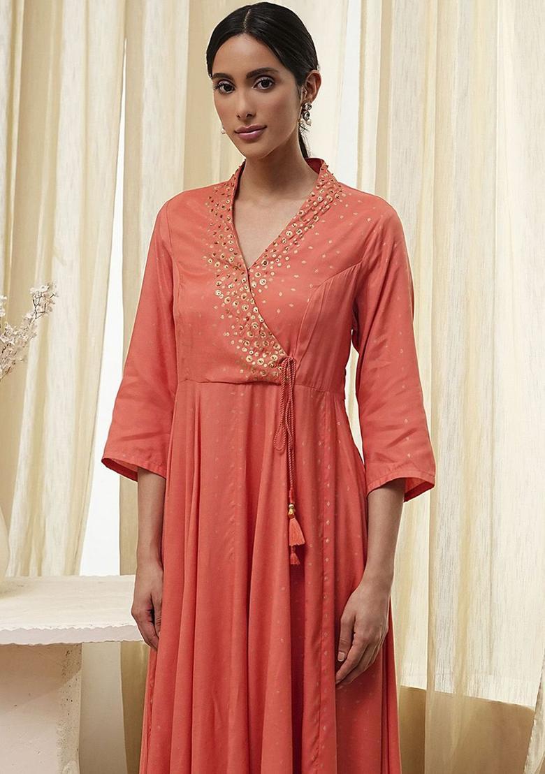 Peach Embroidered Cotton Kurta Sets - Indya