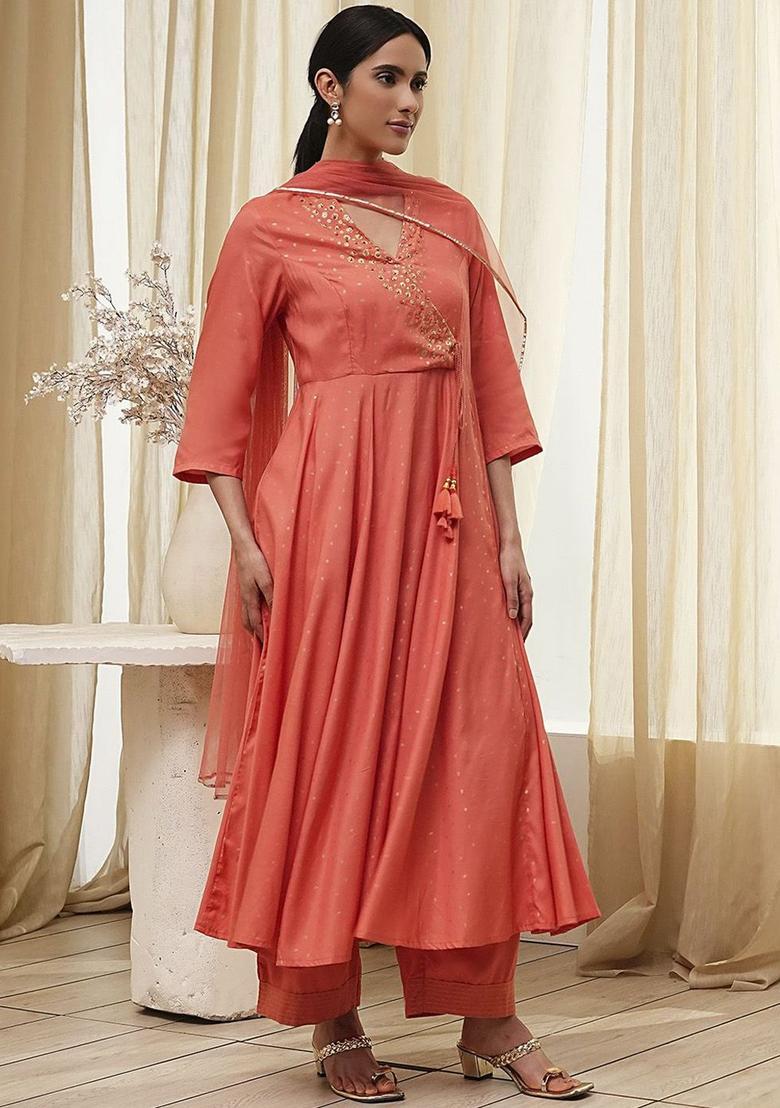 Peach Embroidered Cotton Kurta Sets - Indya