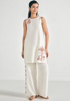 Off White Printed Viscose Kurta Sets