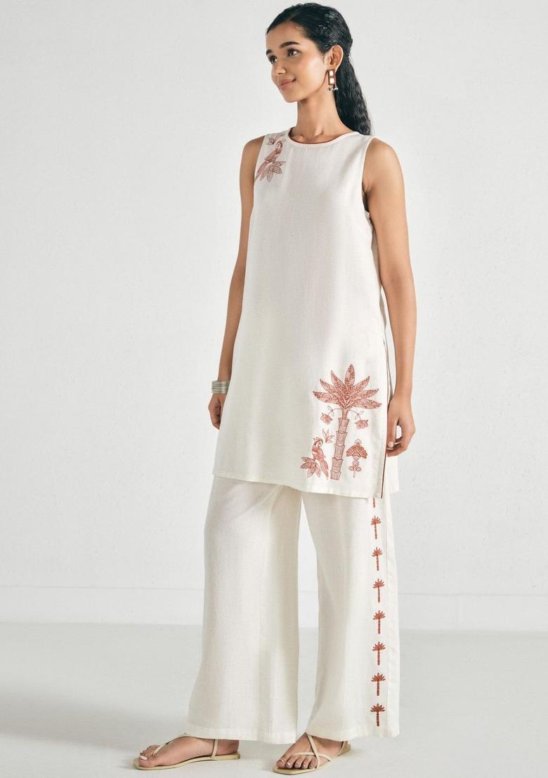 Off White Printed Viscose Kurta Sets - Indya