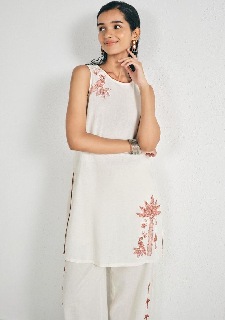 Off White Printed Viscose Kurta Sets - Indya