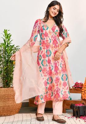 Beige Printed Viscose Kurta Sets
