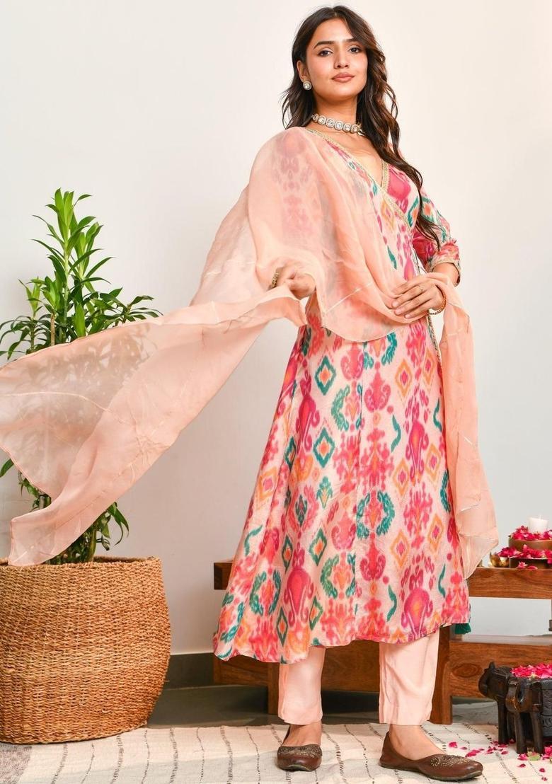 Beige Printed Viscose Kurta Sets - Indya