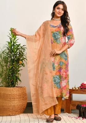 Beige Printed Viscose Kurta Sets