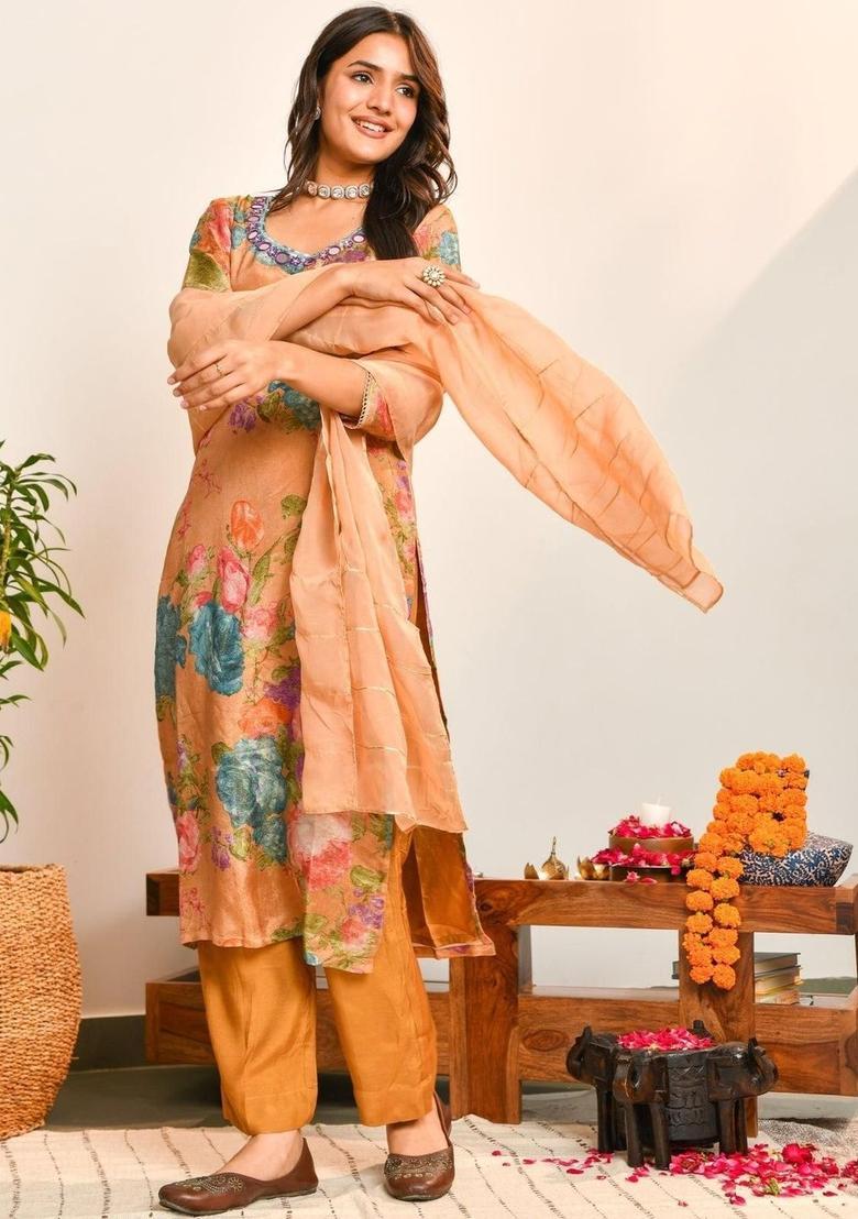 Beige Printed Viscose Kurta Sets - Indya