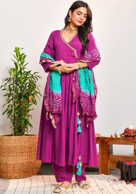 Purple Yoke Design Viscose Anarkli Sets