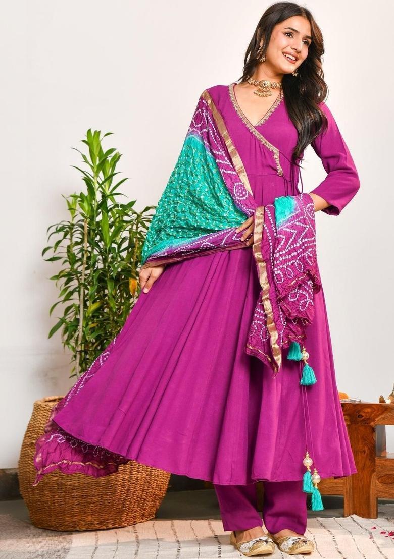 Purple Yoke Design Viscose Anarkli Sets - Indya