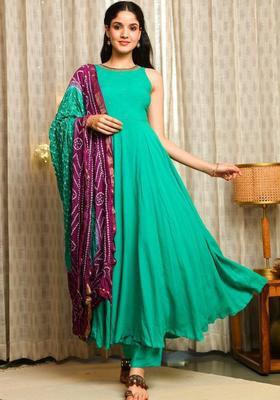 Turquoise Blue Solid Viscose Anarkli Sets