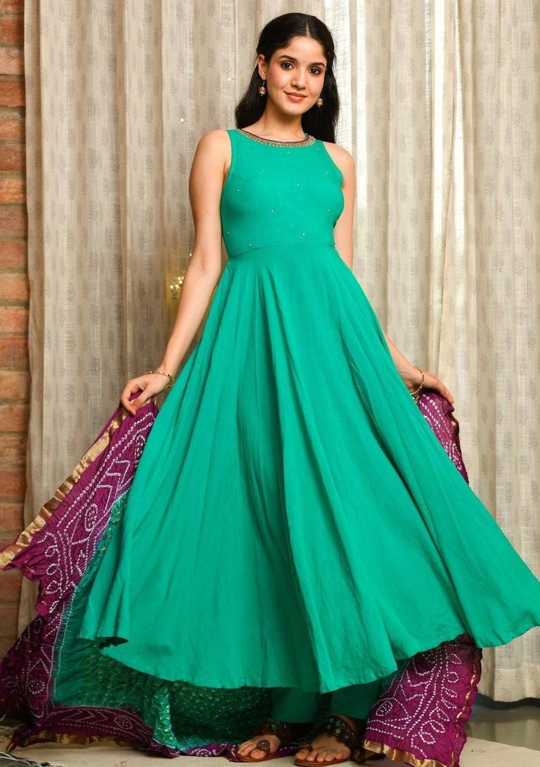 Turquoise Blue Solid Viscose Anarkli Sets - Indya