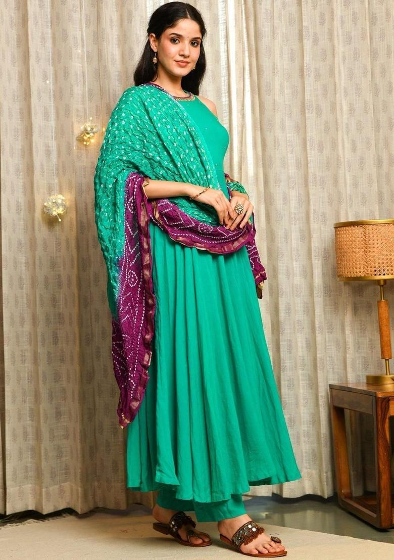 Turquoise Blue Solid Viscose Anarkli Sets - Indya