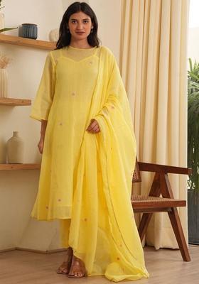 Yellow Embroidered Cotton Anarkli Sets