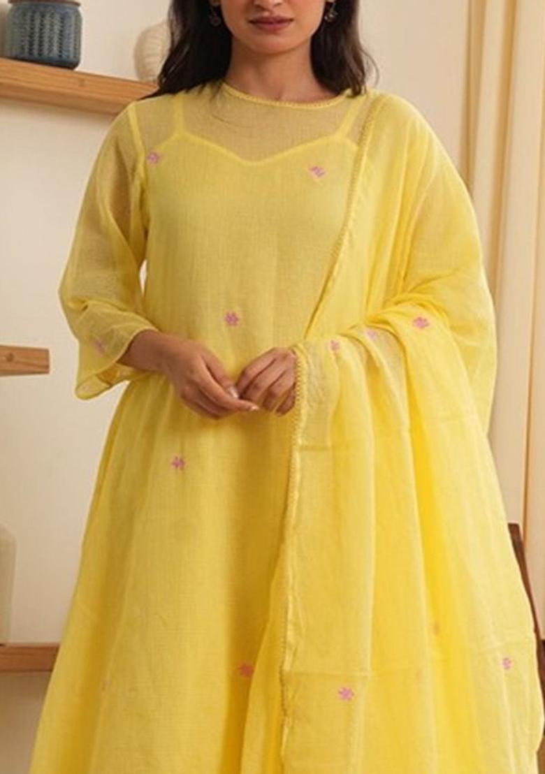 Yellow Embroidered Cotton Anarkli Sets - Indya
