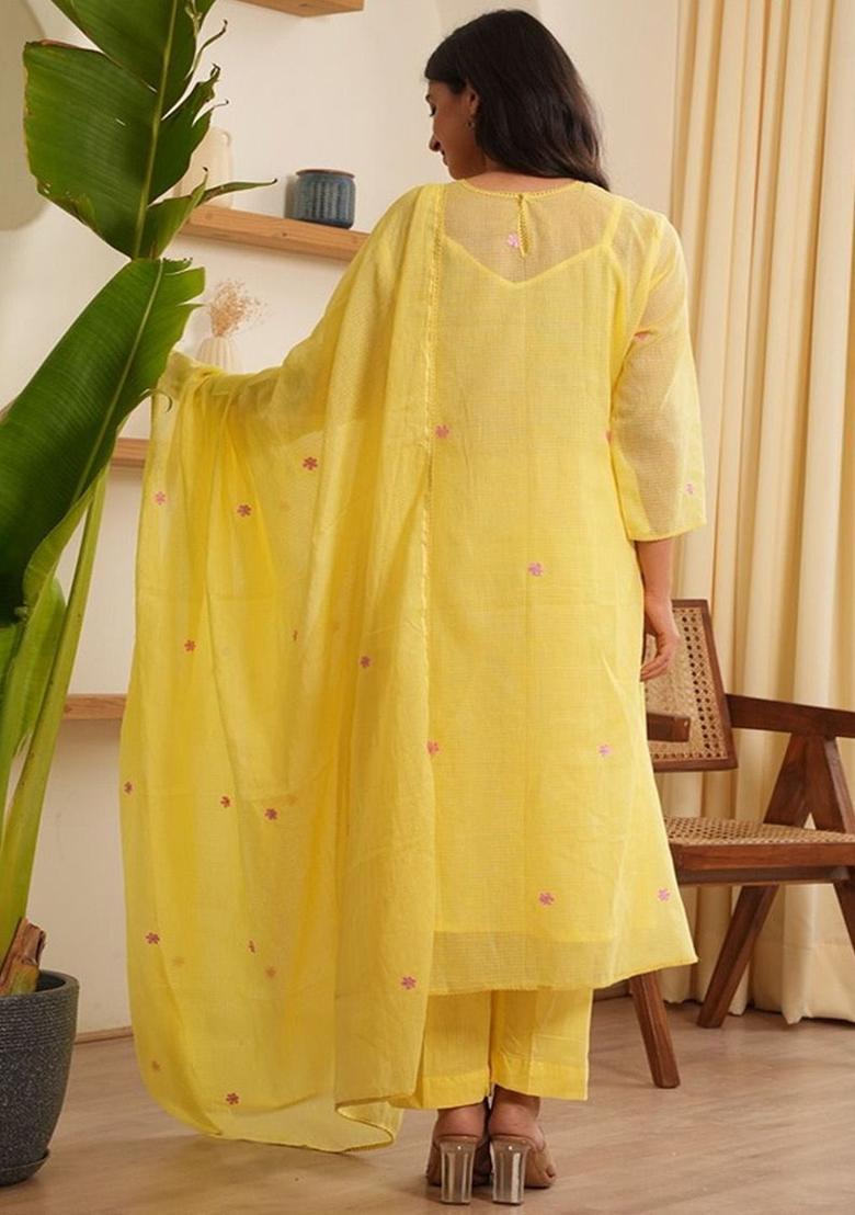 Yellow Embroidered Cotton Anarkli Sets - Indya