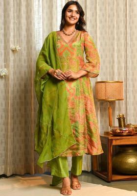 Green Printed Viscose Kurta Sets
