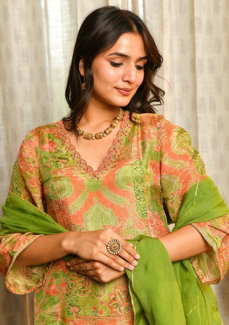 Green Printed Viscose Kurta Sets - Indya