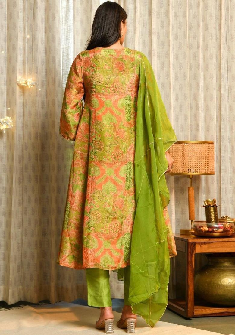 Green Printed Viscose Kurta Sets - Indya