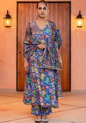 Blue Printed Viscose Kurta Sets