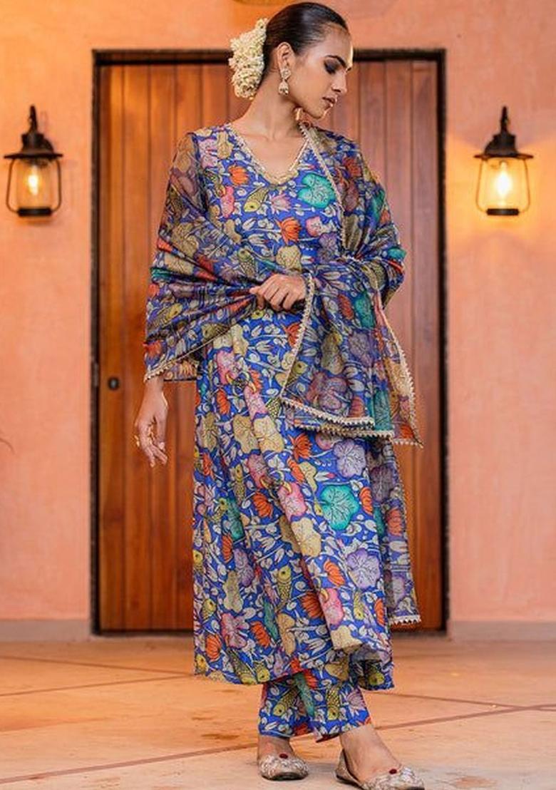 Blue Printed Viscose Kurta Sets - Indya