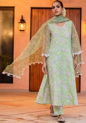 Green Printed Viscose Kurta Sets