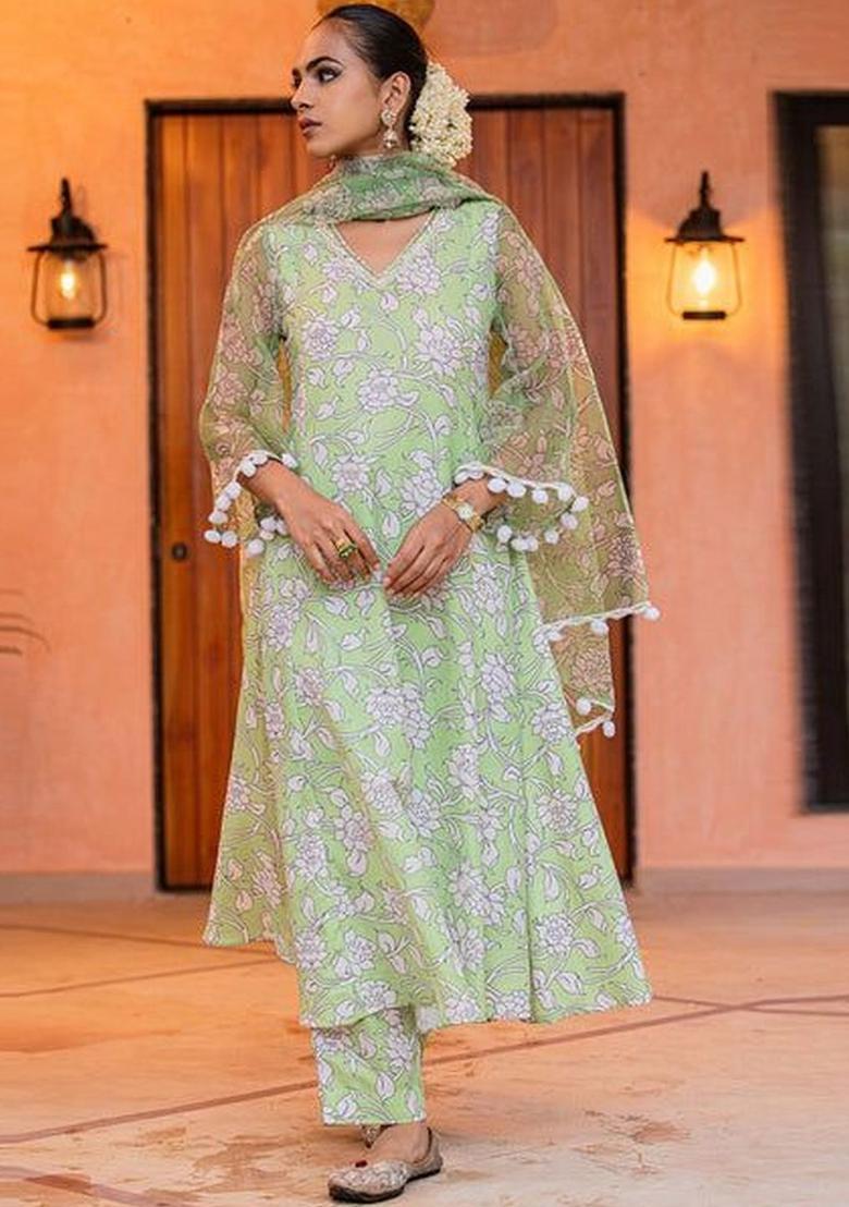 Green Printed Viscose Kurta Sets - Indya
