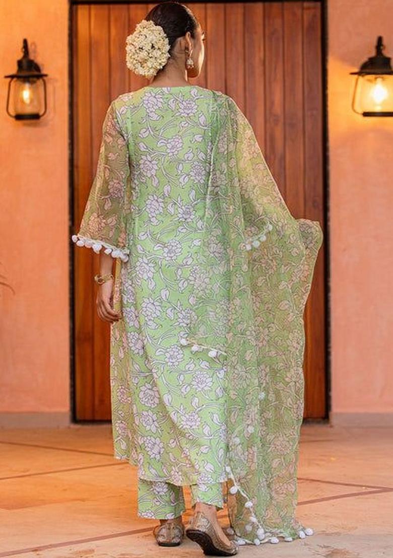 Green Printed Viscose Kurta Sets - Indya