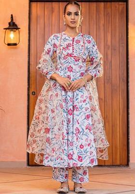 White Printed Viscose Kurta Sets
