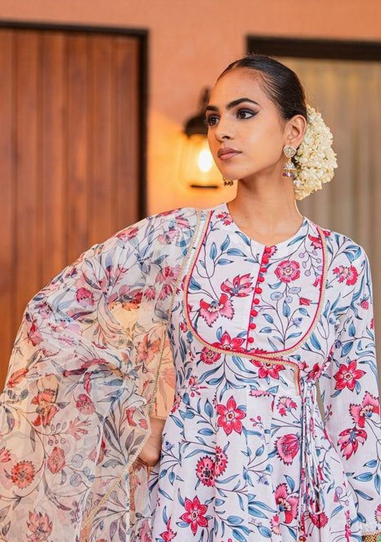 White Printed Viscose Kurta Sets - Indya