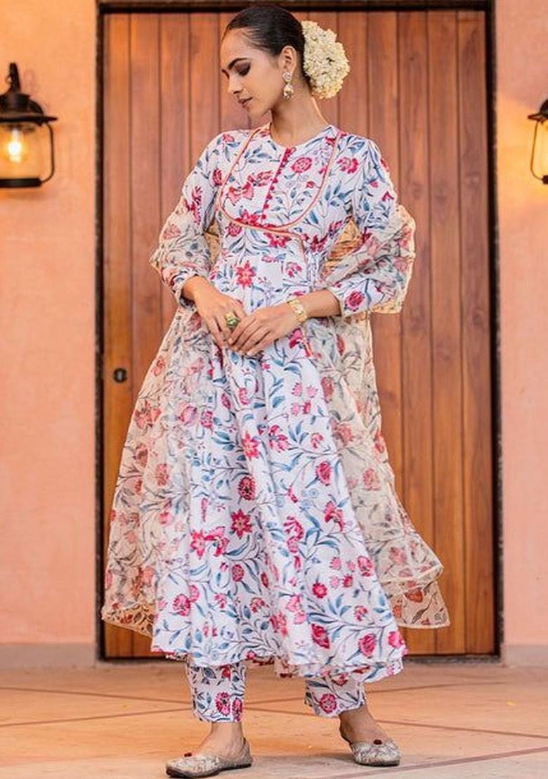 White Printed Viscose Kurta Sets - Indya