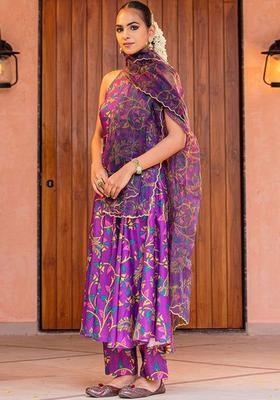 Purple Printed Viscose Kurta Sets
