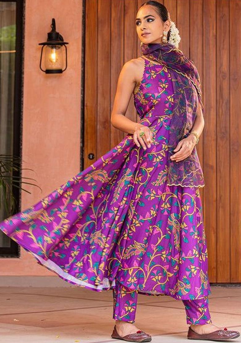 Purple Printed Viscose Kurta Sets - Indya