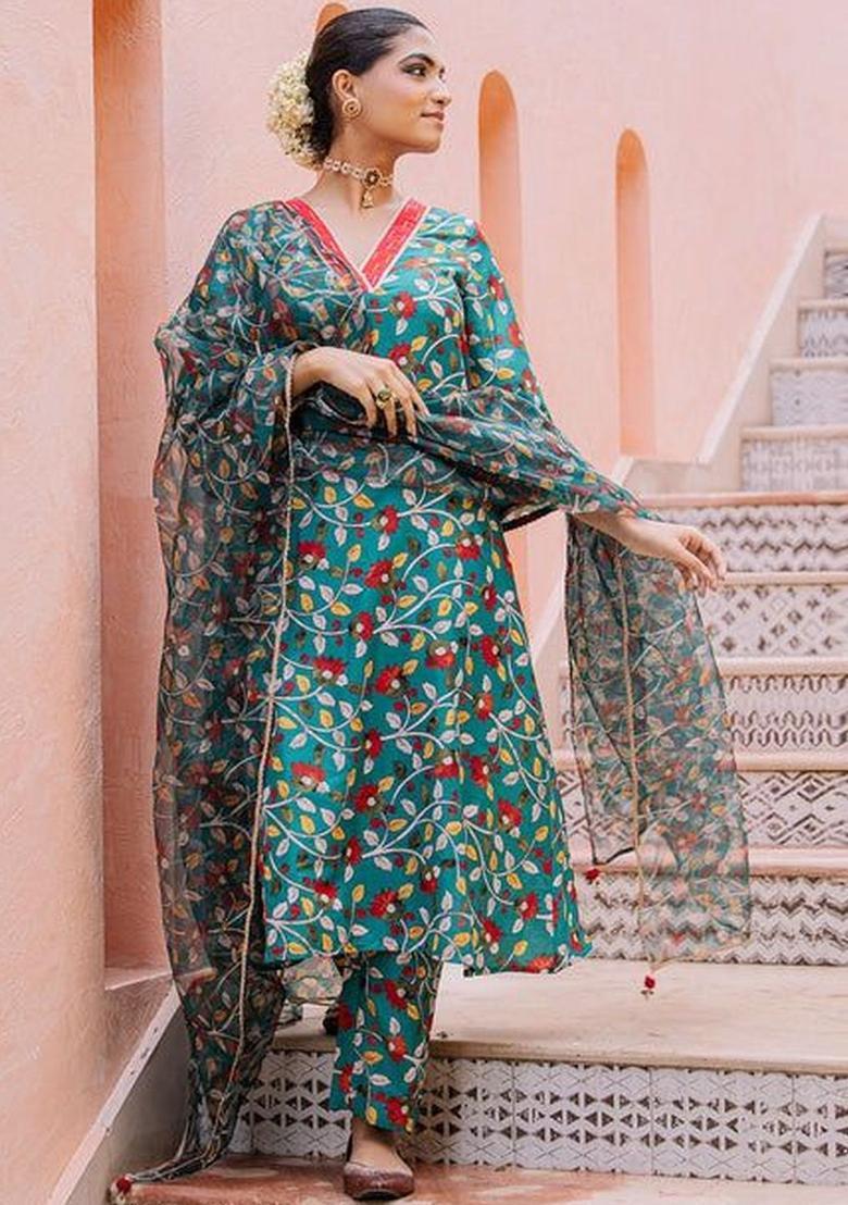 Green Printed Viscose Kurta Sets - Indya