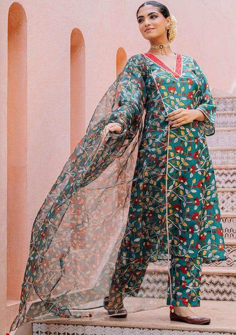 Green Printed Viscose Kurta Sets - Indya