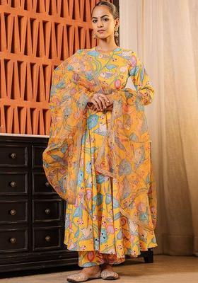 Yellow Printed Viscose Anarkli Sets
