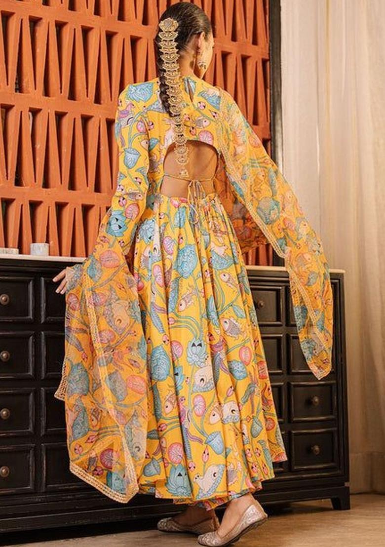 Yellow Printed Viscose Anarkli Sets - Indya