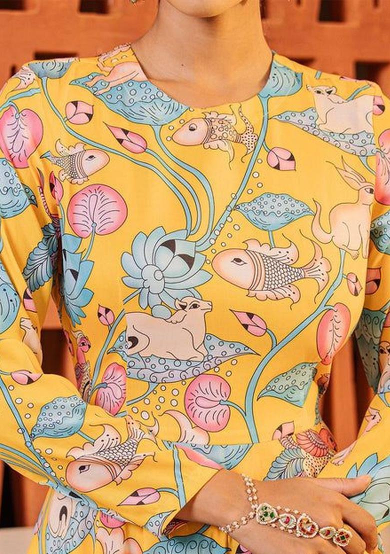 Yellow Printed Viscose Anarkli Sets - Indya