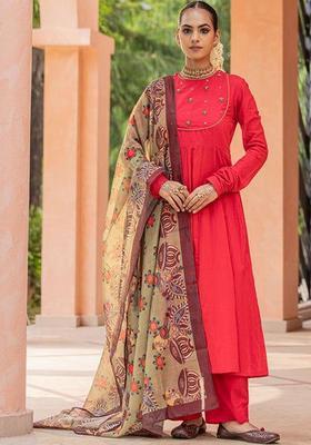 Red Solid Cotton Kurta Sets