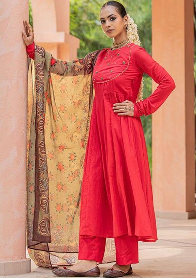Red Solid Cotton Kurta Sets - Indya
