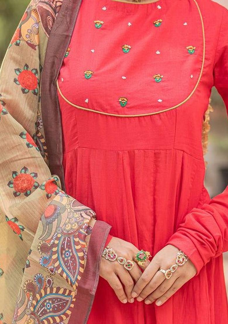 Red Solid Cotton Kurta Sets - Indya
