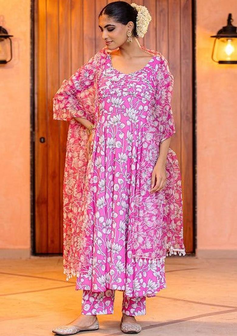 Pink Printed Viscose Kurta Sets - Indya