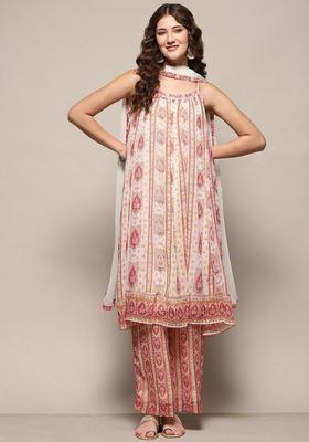 Cream Printed Polyester Kurta Sets